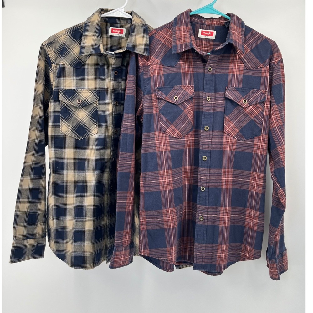 Wrangler Western Snap Shirt Mens M Navy Tan Plaid Long Sleeve 2 Pack Lot